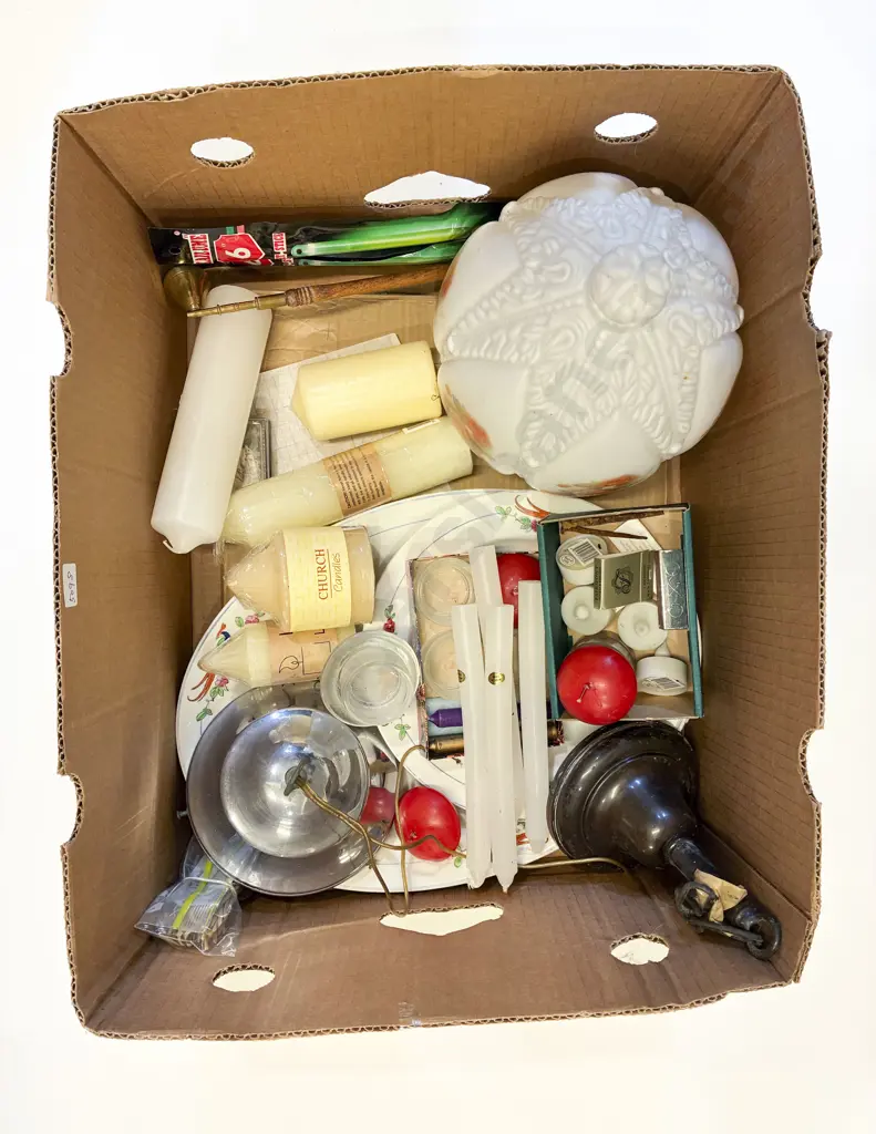 Box Qty of Assorted Decorative Home wares Including Glass Light Shade Image 1++