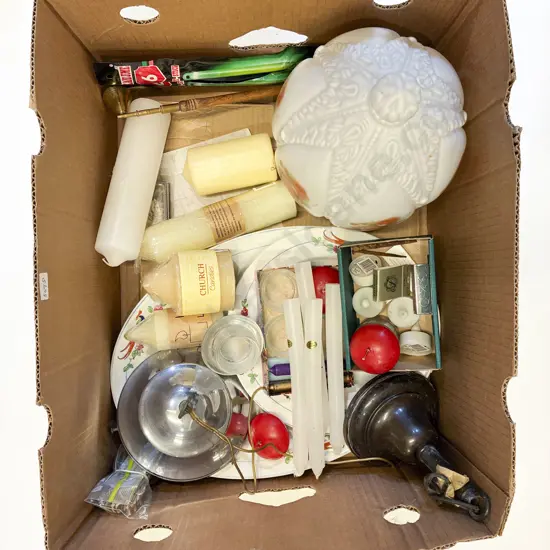 Box Qty of Assorted Decorative Home wares Including Glass Light Shade