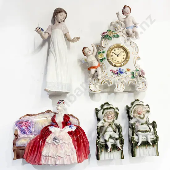 Dresden Desk Clock and Assorted Together With Seated RD Figure