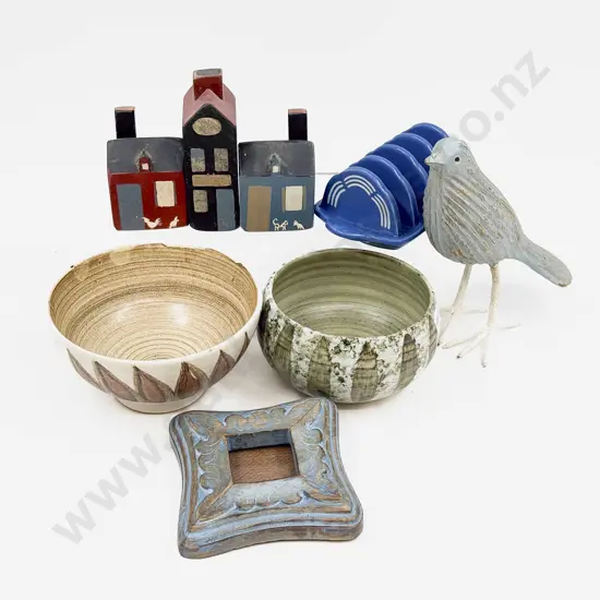 Two Hamner Pottery Bowls Together With Bird Ornament and Bretby Toast Rack Etc.