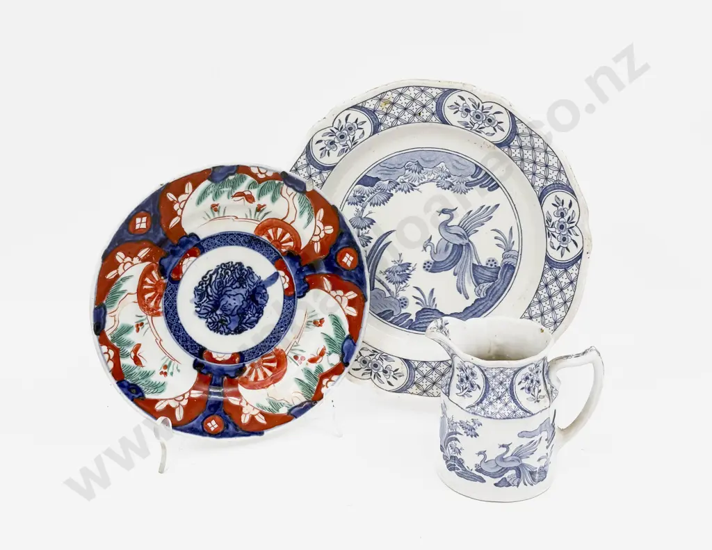 Old Chelsea Jug and Plate Together with Imari Pattern Plate Image 1++