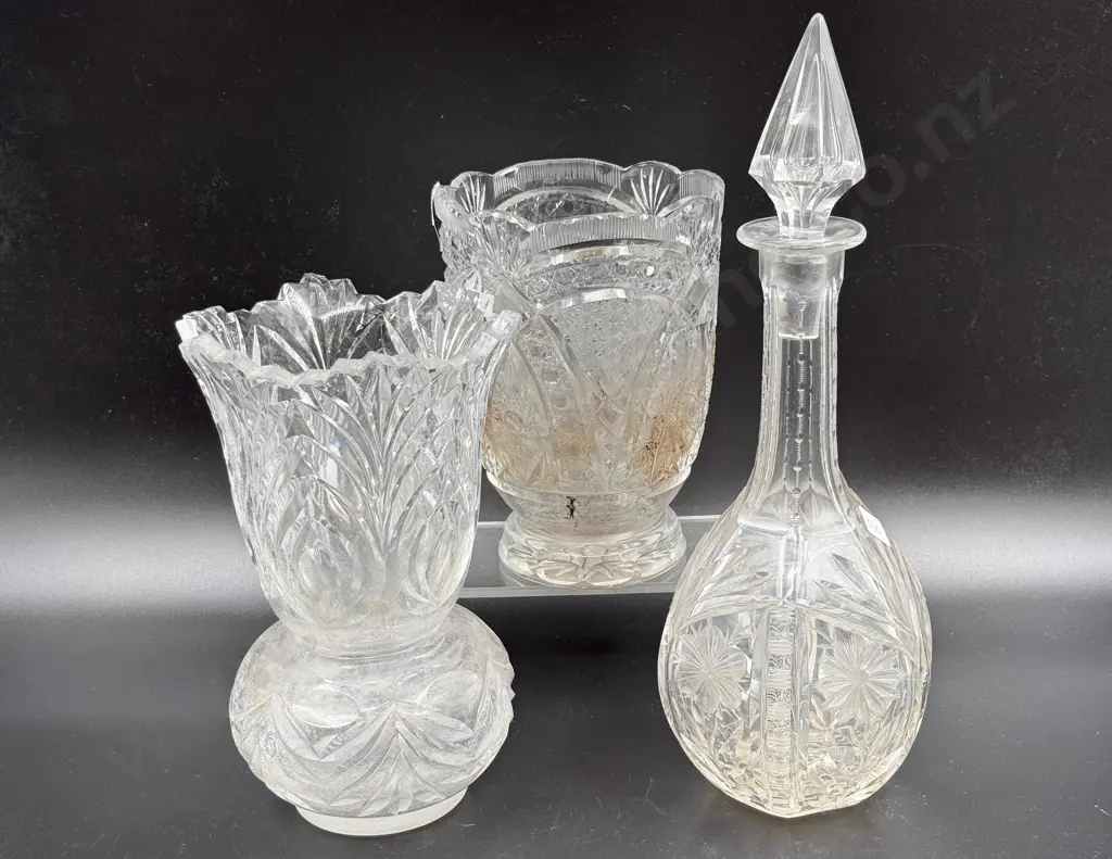 Crystal Decanter and Two Vases Image 1++