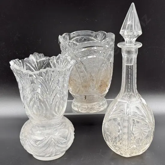 Crystal Decanter and Two Vases