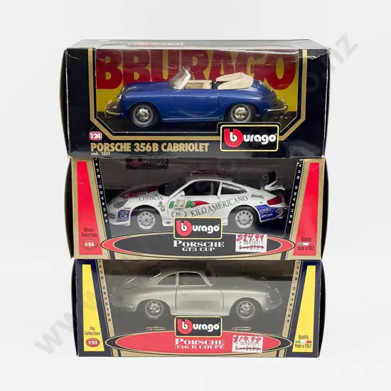 Three Boxed Burago 1:24 Scale Porsche Models