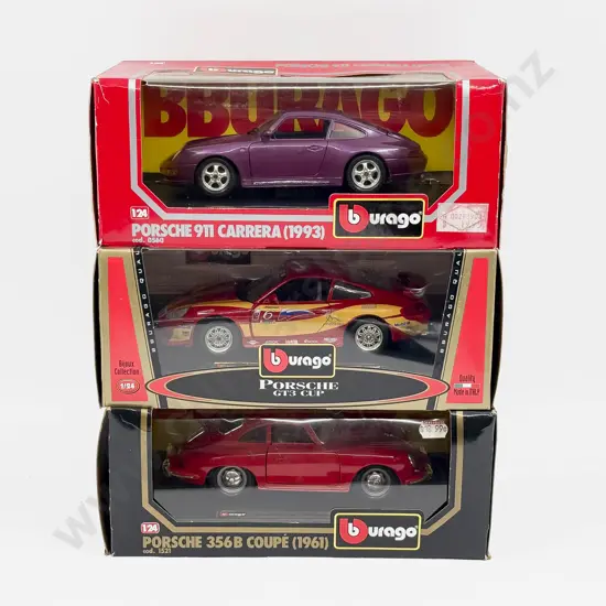 Three Boxed Burago 1:24 Scale Porsche Models