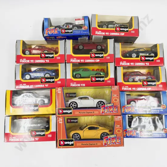 Twelve Boxed Burago 1:43 and Two 1:32 Porsche Models