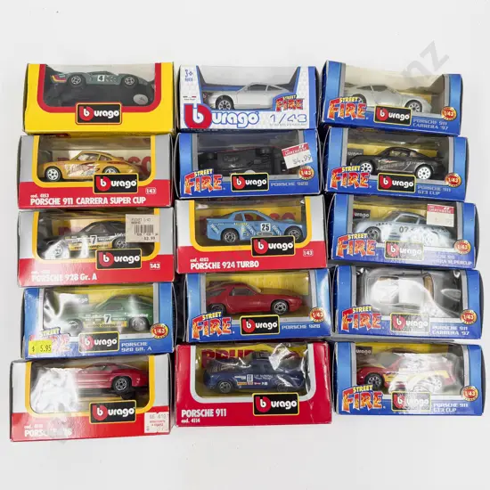 Fifteen Boxed Burago 1:43 Scale Porsche Models