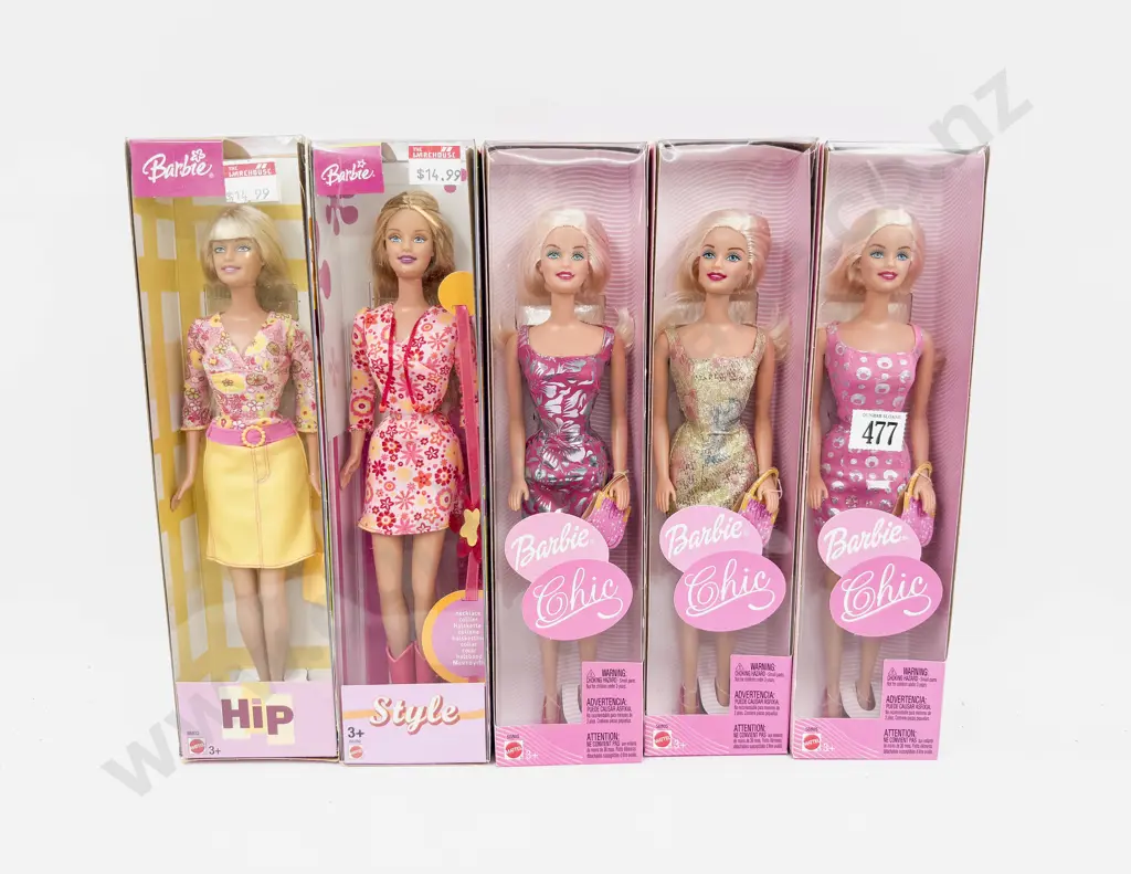 Five Pink Boxed Barbie Dolls Image 1++