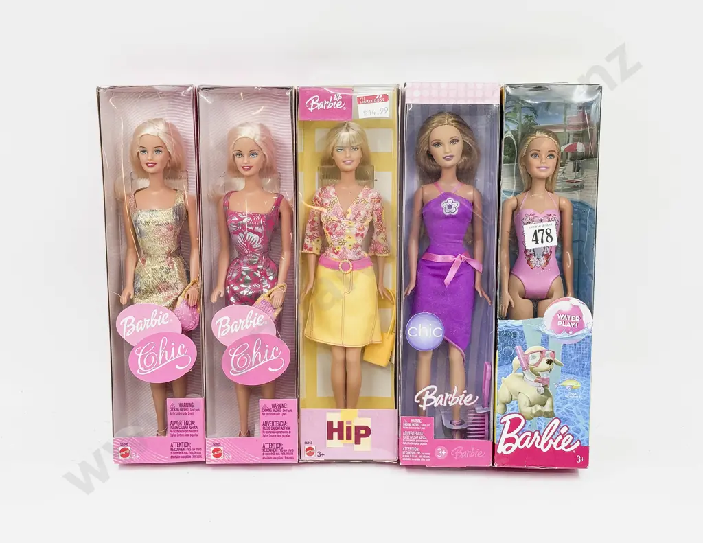 Five Pink Boxed Barbie Dolls Image 1++