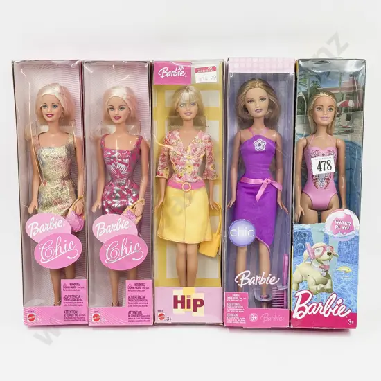Five Pink Boxed Barbie Dolls