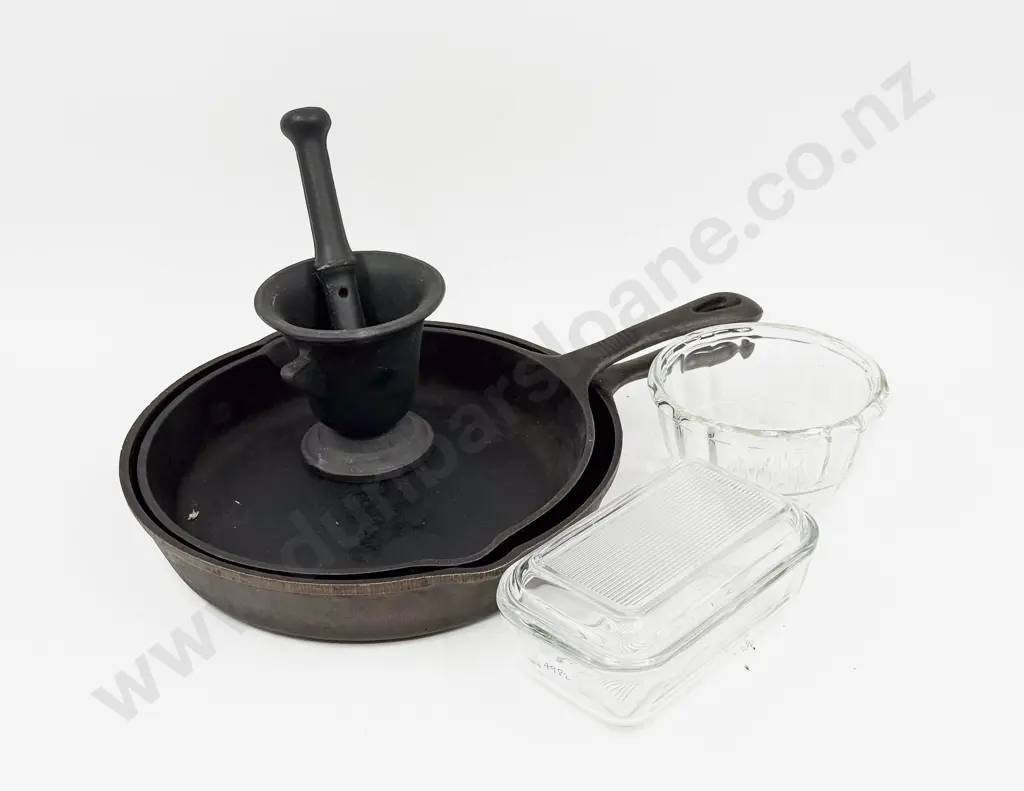Cast Iron Pestle and Mortar with two Cast Iron Pans Together With Glass Jelly Mold and Butter Dish Image 1++
