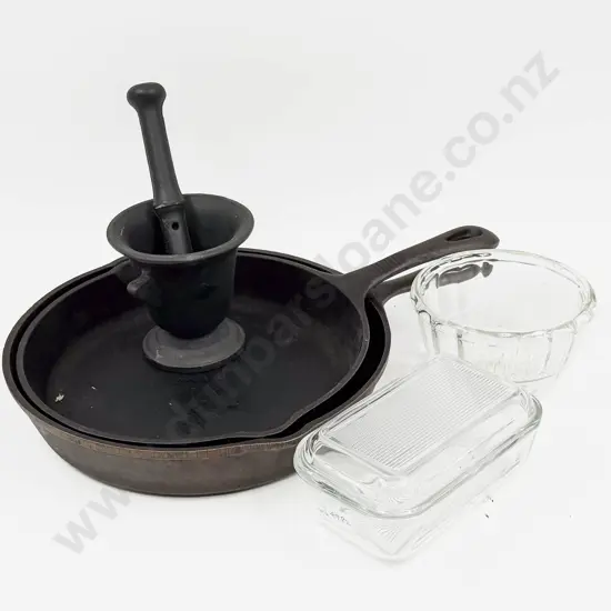 Cast Iron Pestle and Mortar with two Cast Iron Pans Together With Glass Jelly Mold and Butter Dish