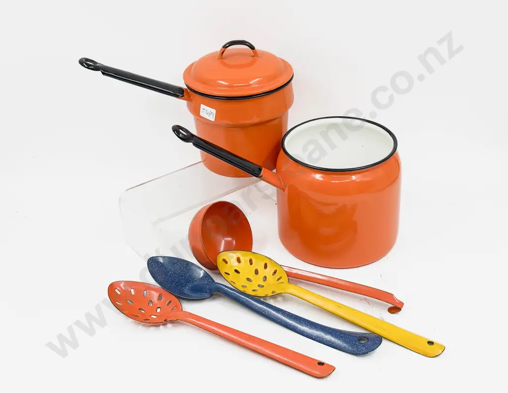Enamel Two Piece Nesting Saucepan with Matching Ladle and Three other Enamel Spoons Image 1++