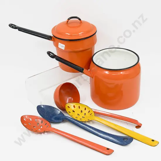 Enamel Two Piece Nesting Saucepan with Matching Ladle and Three other Enamel Spoons