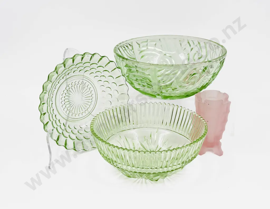 Three Green Pressed Glass Bowls and Small Green Glass Vase Image 1++