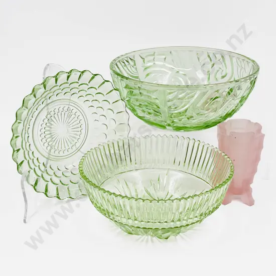 Three Green Pressed Glass Bowls and Small Green Glass Vase