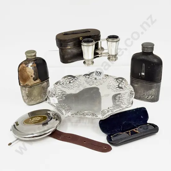 Two Vintage Hip Flasks with Travel Photo Frame Etc