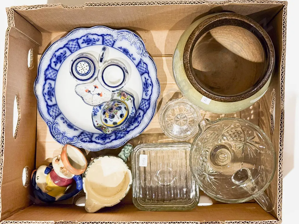 Box Qty of Assorted Including Glass Butter Dish and Pottery Vase Image 1++