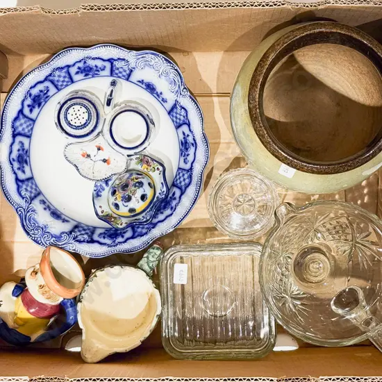 Box Qty of Assorted Including Glass Butter Dish and Pottery Vase