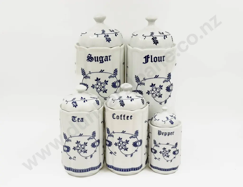 Five Blue and White Kitchen Storage Jars Image 1++