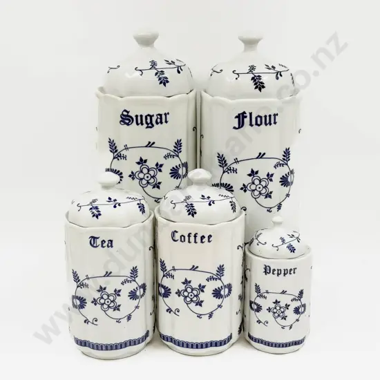 Five Blue and White Kitchen Storage Jars