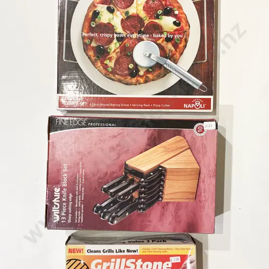 Boxed Pizza Stone Together with Thirteen Block Knife Set and Other