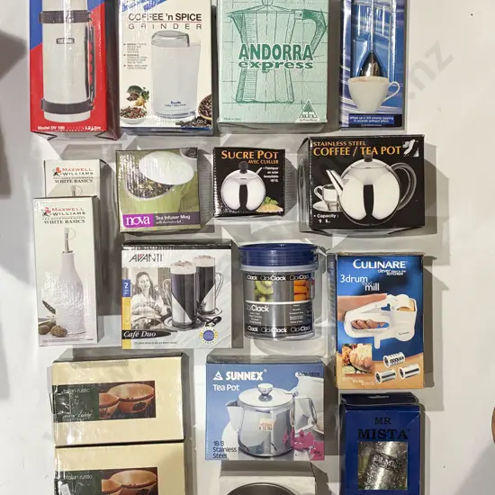 Large Qty of Assorted Boxed Kitchen Ware and Accessories