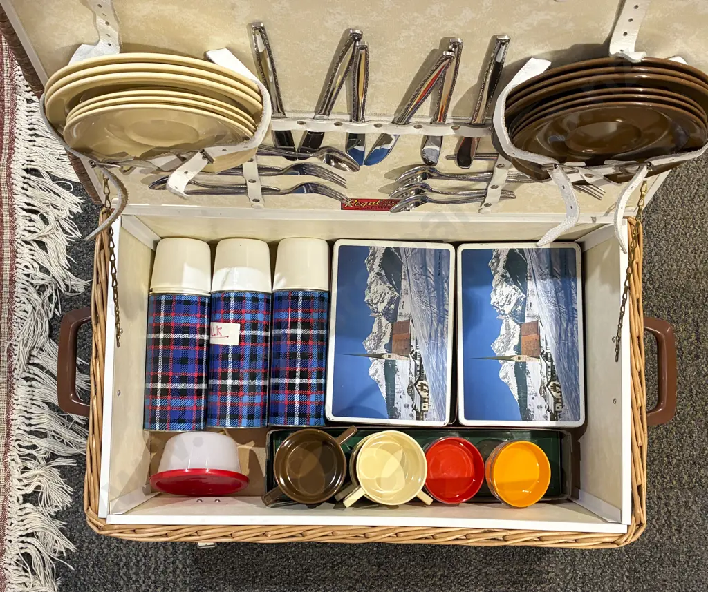 Vintage Wicker Picnic Basket and Set with Fitted Interior Image 1++