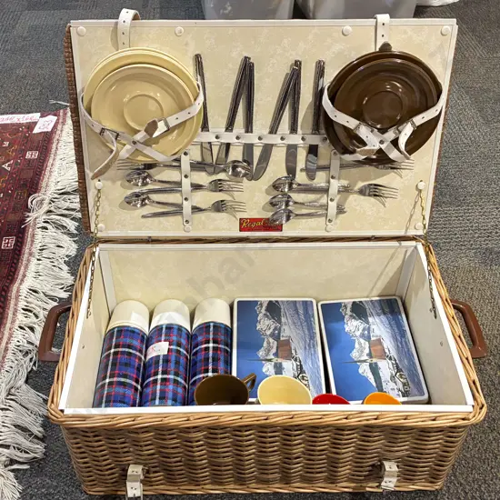 Vintage Wicker Picnic Basket and Set with Fitted Interior