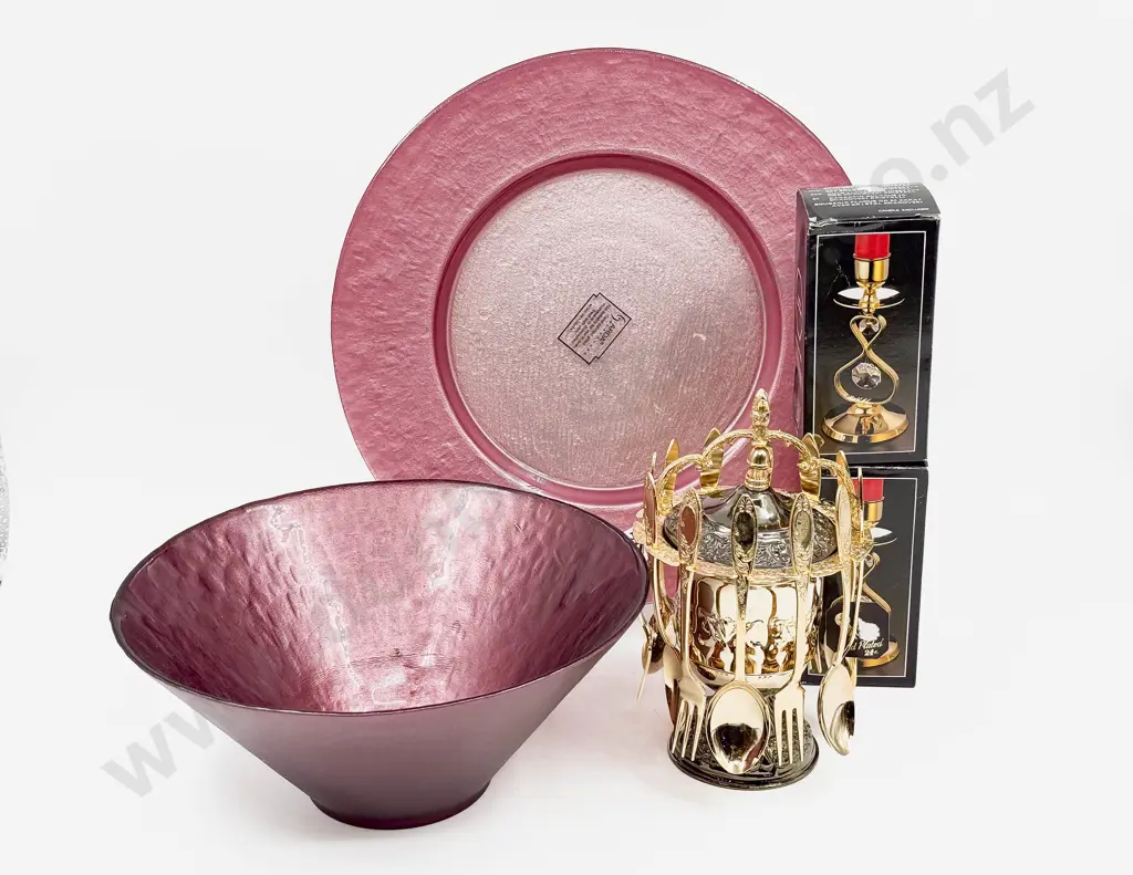 Qty of Assorted Serving Ware with Boxed Candle Sticks Etc. Image 1++