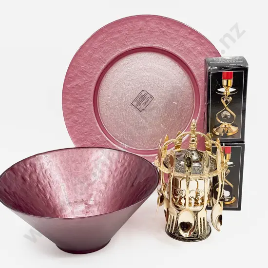 Qty of Assorted Serving Ware with Boxed Candle Sticks Etc.