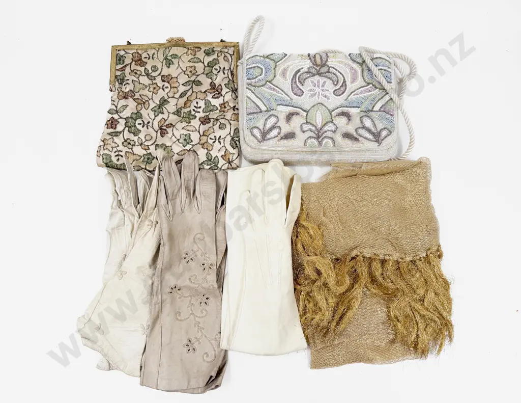 All Beaded Evening Purse with Shawl Vintage Evening Cloth Purse and Three Pair Gloves Image 1++