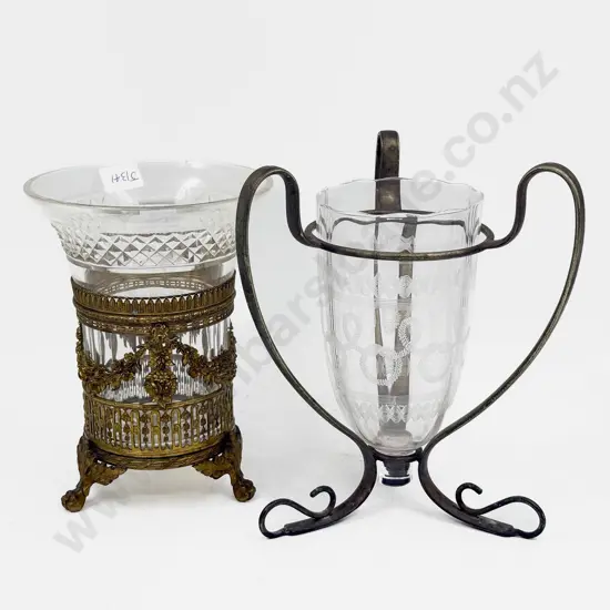 Two Metal Mounted Glass Vases