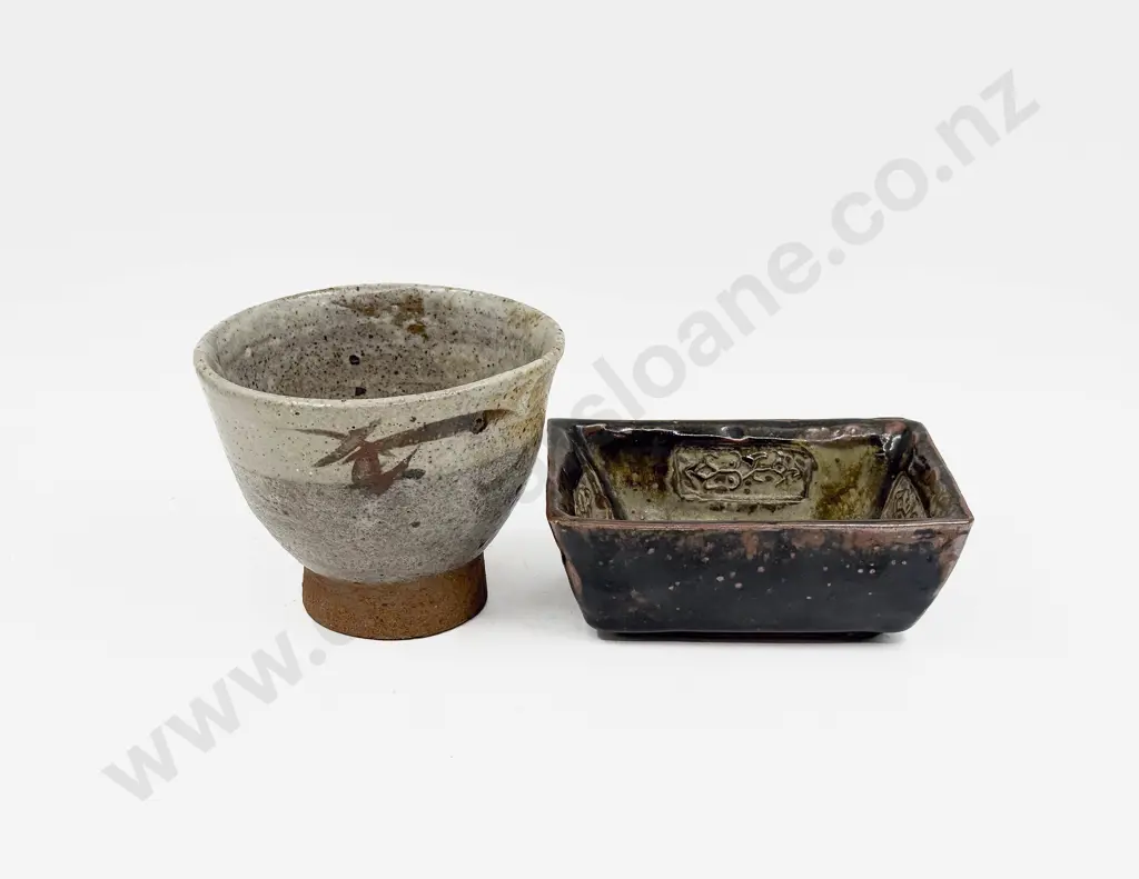 Glazed Pottery Pedestal Bowl Together with Pottery Dish Image 1++