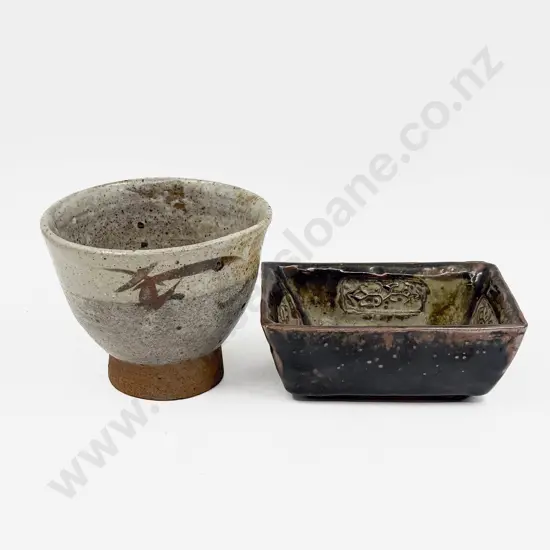 Glazed Pottery Pedestal Bowl Together with Pottery Dish