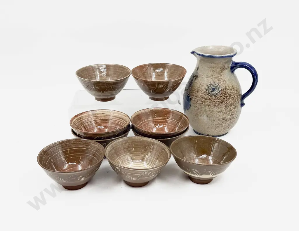 Salt Glazed Jug and Assorted Small Pottery Bowls Image 1++