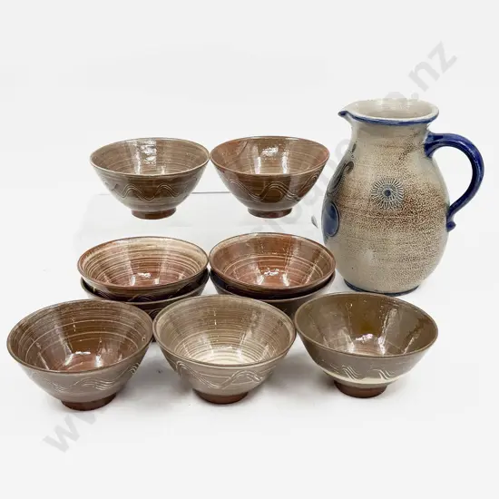Salt Glazed Jug and Assorted Small Pottery Bowls