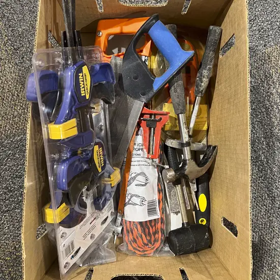 Box Qty of Assorted Tools Together with 'As New' Clamps