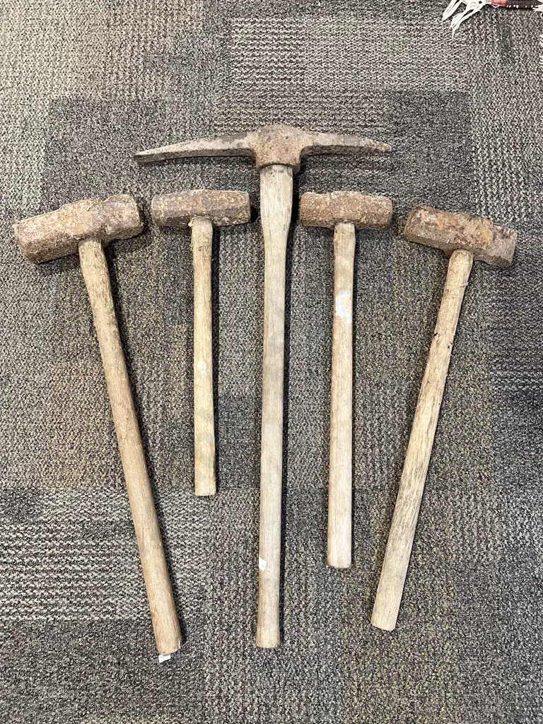 Four Assorted Vintage Sledgehammers Together with Pick Axe Image 1++