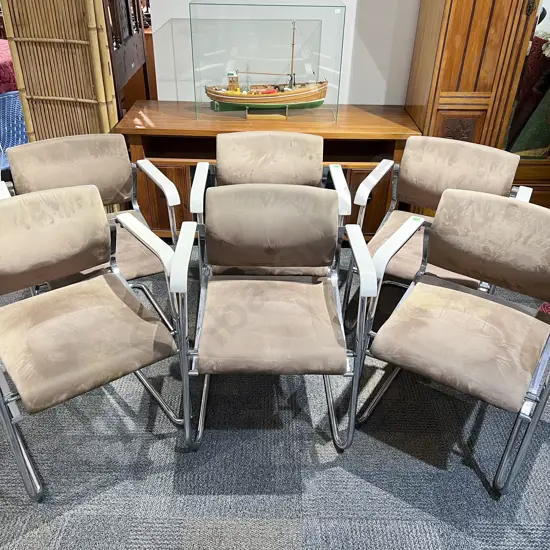 Six Wilkhahn Chrome Framed and Suede Seated Stacking Arm Chairs