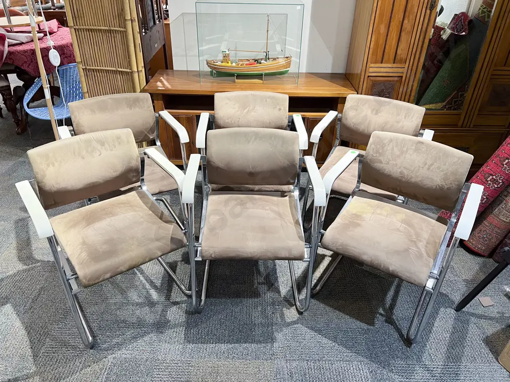 Six Wilkhahn Chrome Framed and Suede Seated Stacking Arm Chairs Image 1++