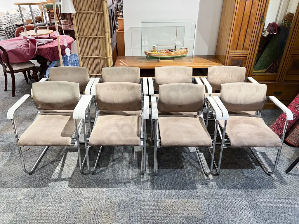 Eight Wilkhahn Chrome Framed and Suede Seated Stacking Arm Chairs Image 1++