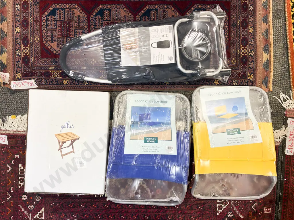 'As New' Modern Shopping Trolley Together with Boxed Side Table and Two Beach Chairs Image 1++