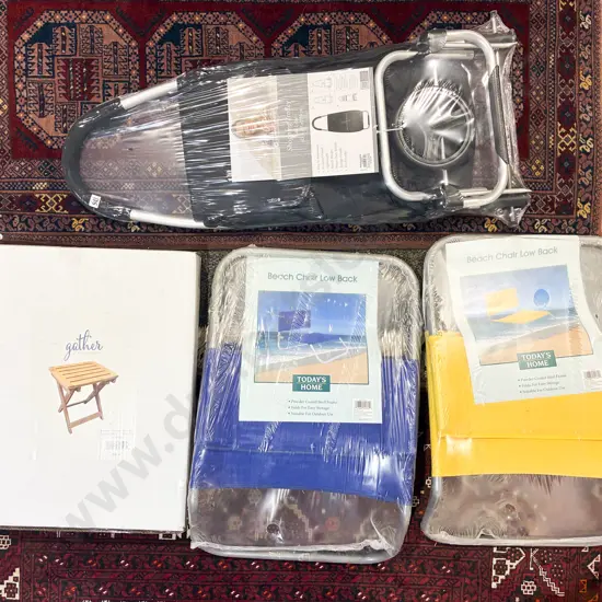 'As New' Modern Shopping Trolley Together with Boxed Side Table and Two Beach Chairs