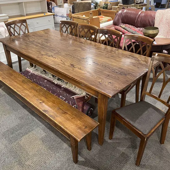 Modern Elm Farmhouse Style Dining Table with Five Associated Dining Chairs and Elm Bench