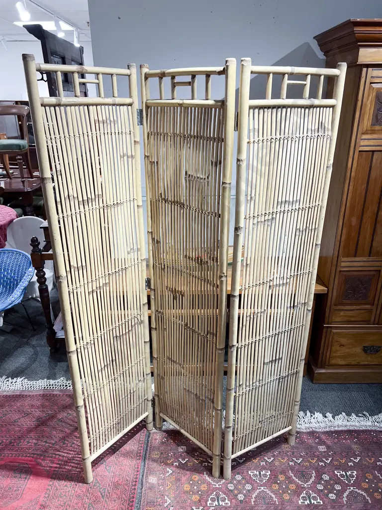 Cane and Faux Bamboo Three Panel Dressing Screen Image 1++