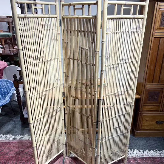 Cane and Faux Bamboo Three Panel Dressing Screen