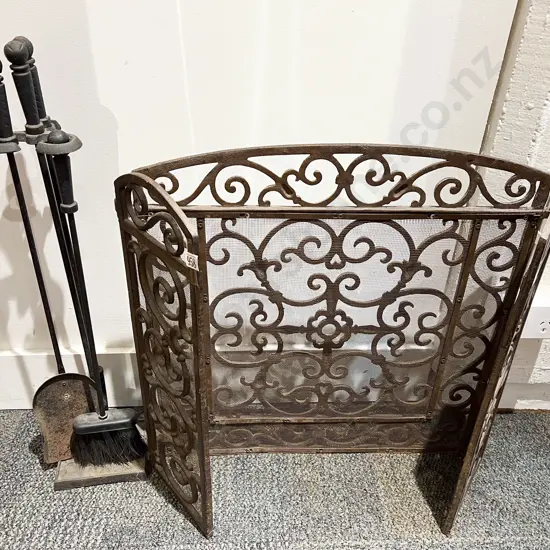 Cast Metal Fire Screen Together with Fire Tidy Set