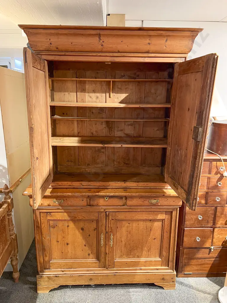 C19th Pine Linen Press on Associated Sideboard Base Image 1++
