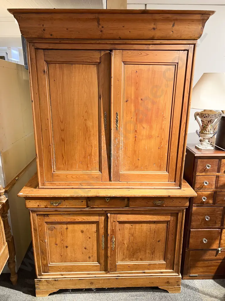 C19th Pine Linen Press on Associated Sideboard Base Image 1++